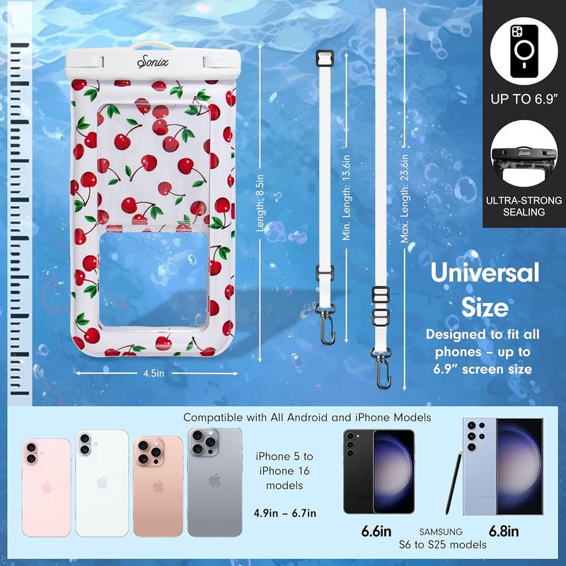 Sonix Waterproof Phone Pouch - Floating Phone Case Dry Bag w/Crossbody Lanyard - Beach Cruise Travel Essentials - Compatible w/All Devices, Touchscreen Friendly | Cherry on Top - Image 4